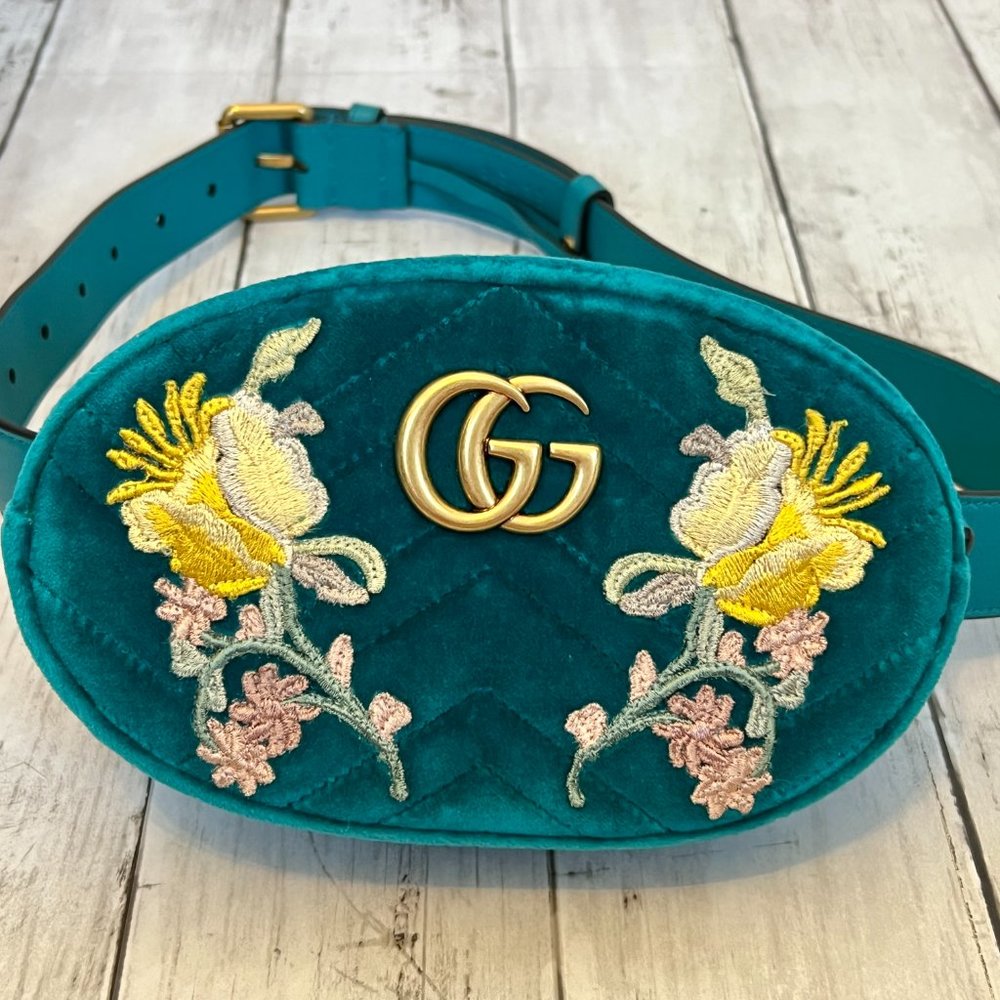 Gucci GG Marmont Authentic Monogram Floral Embroidered Teal Chevron Belt Bag NEW - Picture 12 of 15